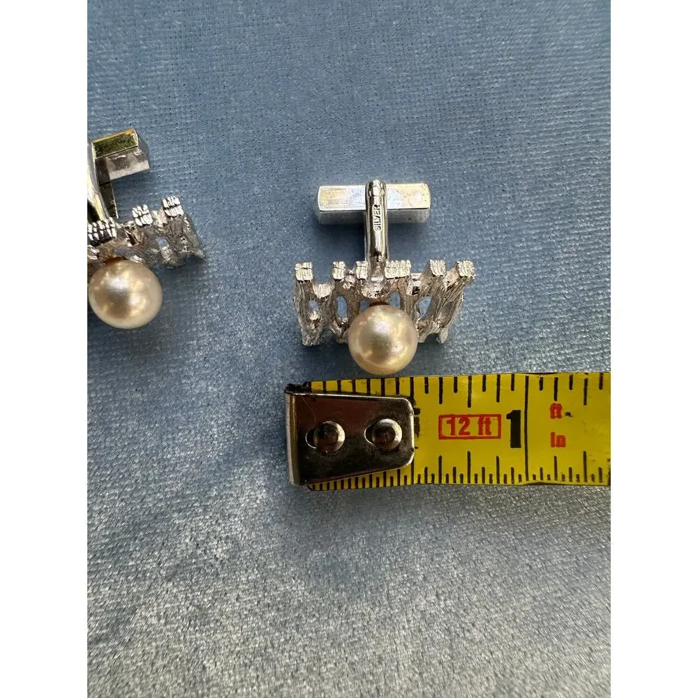 Vintage Mid Century Brutalist Sterling Silver Pearl Cufflinks Abstract Openwork
